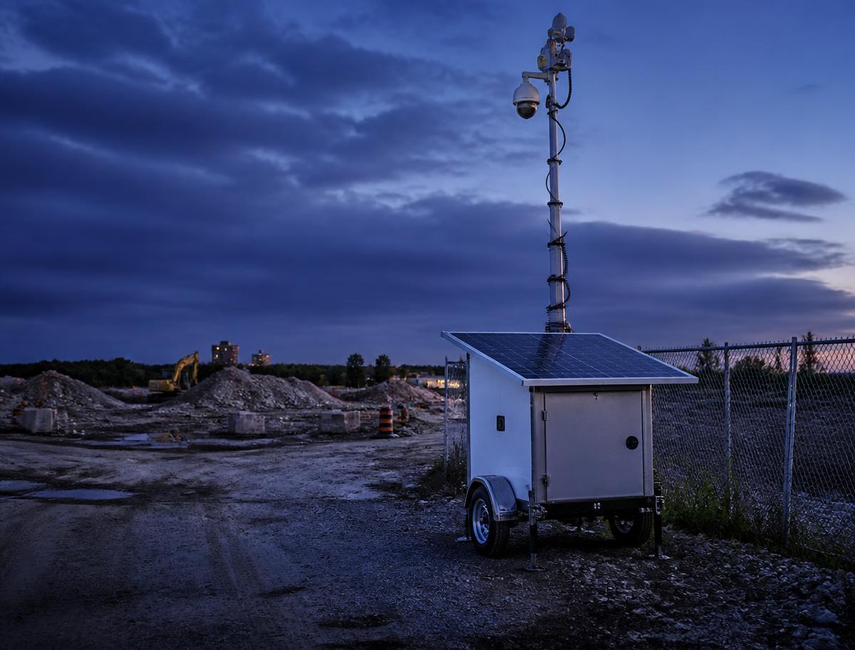 Solar-powered camera trailer at a construction site